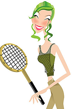 时尚插画,网球,绿色盘发,女子,运动