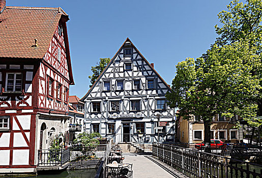 桥,历史,半木结构,建筑,左边,弗兰哥尼阶,瑞士,上弗兰科尼亚,弗兰克尼亚,巴伐利亚,德国,欧洲