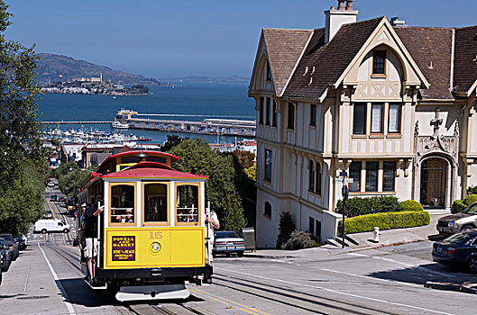 有轨电车,维多利亚时代风格,宅邸,角,街道,阿尔卡特拉斯岛,旧金山,加利福尼亚,美国