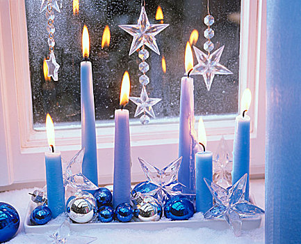 蓝色,蜡烛,小玩意,星,托盘,窗户