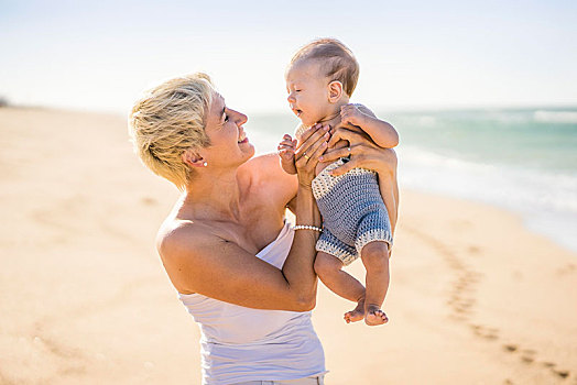 魅力,金发,母亲,玩,4个月,老,男婴,海滩,葡萄牙,欧洲