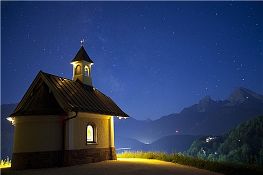 小教堂,夜晚,贝希特斯加登地区