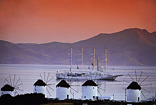 希腊,基克拉迪群岛,米克诺斯岛,传统风车,游船,大幅,尺寸