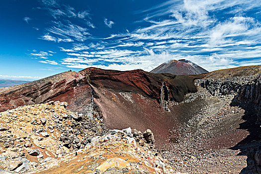 红色,火山口,后面,活火山,火山地貌,汤加里罗,高山,东加里罗国家公园,北岛,新西兰,大洋洲