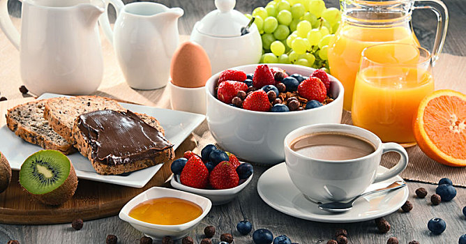 早餐,咖啡,果汁,面包,水果
