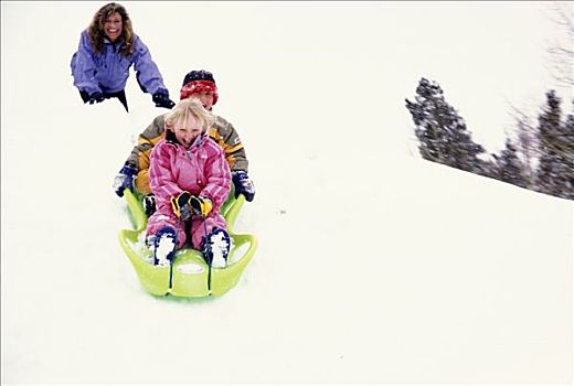 家庭,雪橇运动,科罗拉多,冬天