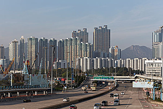 西部,九龙,高速公路,摩天大楼,香港,中国,亚洲