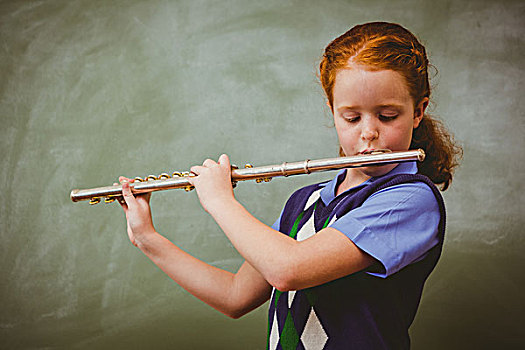 可爱,小女孩,演奏,笛子,教室