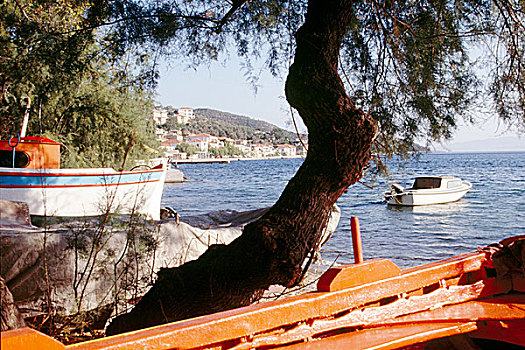风景,渔船,远眺,乡村,半岛,希腊