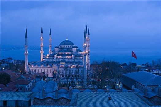 土耳其,伊斯坦布尔,苏丹,清真寺,蓝色清真寺,博斯普鲁斯海峡,河,背景,夜晚