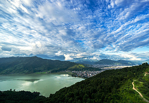 风景,城市,费瓦湖,波卡拉,地区,尼泊尔,亚洲