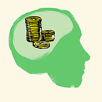 插画,一堆,硬币,人脑,白色背景