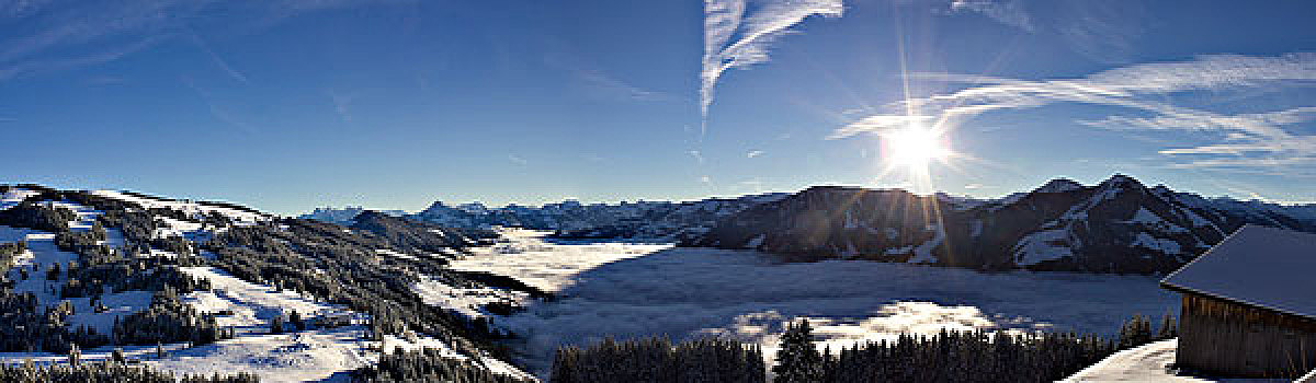 阿尔卑斯山,全景,下午,太阳,高,雾,遮盖,山谷,提洛尔,奥地利,欧洲