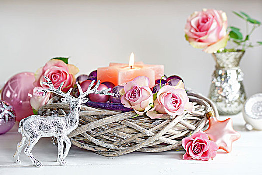 杜鹿,装饰,正面,柳条篮,拿着,玫瑰,蜡烛,小玩意