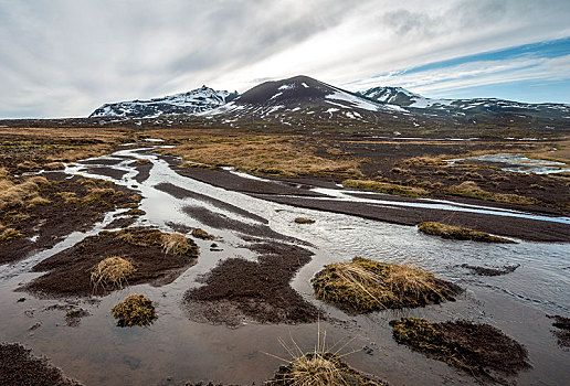 雪山,后面,弯曲,河,斯奈山半岛,西部,冰岛,欧洲
