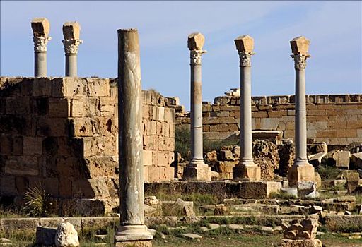 古老,柱子,遗址,罗马,城市,莱普蒂斯马格纳,利比亚