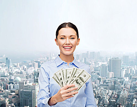 商务,钱,概念,年轻,职业女性,美元,上方,城市,背景