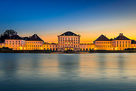 傍晚,宁芬堡,宫殿,慕尼黑,巴伐利亚,德国,欧洲