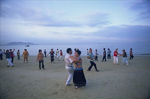 中国,海南岛,三亚,海滩,早晨,跳舞