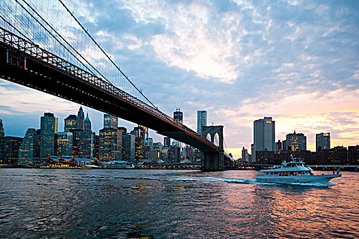 附近,布鲁克林,远眺,东方,河,天际线,曼哈顿,桥,纽约,美国