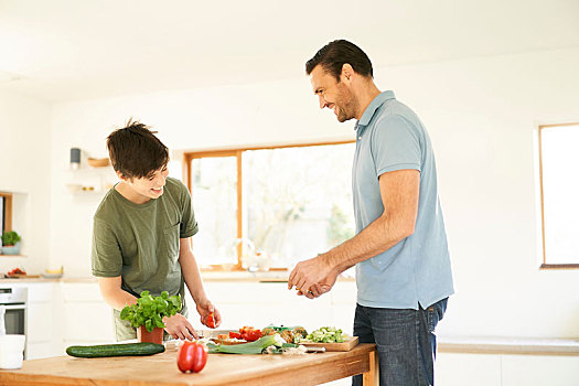 男孩,父亲,做饭,厨房操作台