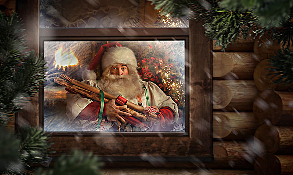圣诞老人,准备,圣诞礼物,坐,舒适,椅子,靠近,壁炉,在家,风景,户外,窗户