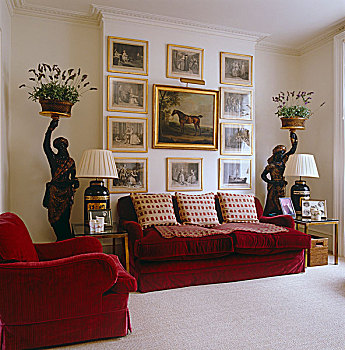 起居室,扶手椅,沙发,软垫,红色,天鹅绒,序列,雕刻,围绕,19世纪,骑马,肖像,行列,墙壁