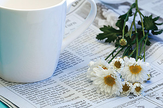 咖啡,报纸,白色,菊花