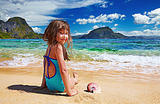 小,女孩,坐,沙子,菲律宾