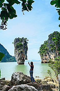 泰国人,女孩,智能手机,照片,观光,旅游,湾,岛屿,国家公园,泰国