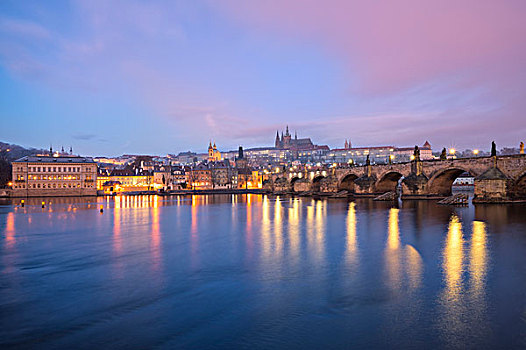 布拉格,捷克共和国,查理大桥,城堡,一瞥,城市,黎明