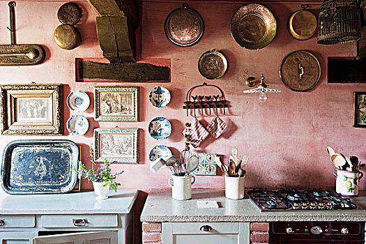 收集,旧式,陶瓷,盘子,苍白,粉色,厨房,墙壁