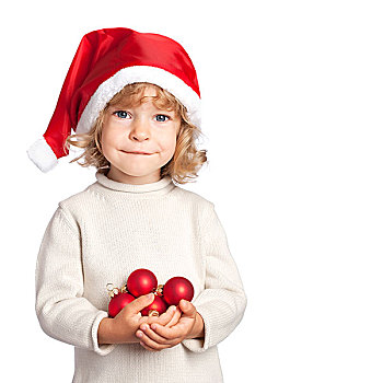 微笑,孩子,圣诞帽,拿着,圣诞装饰,隔绝
