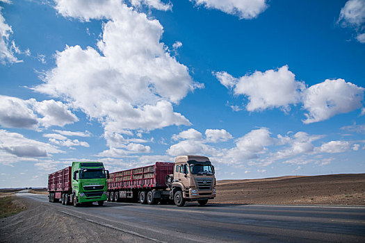 奔驰在新疆g216线国道上的大货车