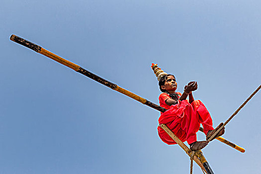 女孩,平衡性,绳索,普什卡,拉贾斯坦邦,印度,亚洲
