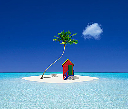 热带海岛,小屋,棕榈树