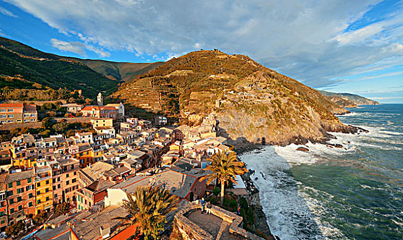 维纳扎,建筑,岩石上,上方,海洋,五渔村,意大利