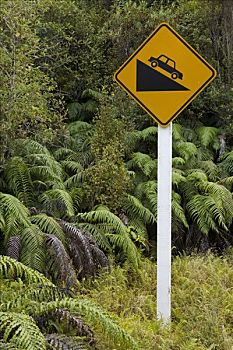 交通标志,陡峭,山,卡胡朗吉国家公园,西海岸,南岛,新西兰