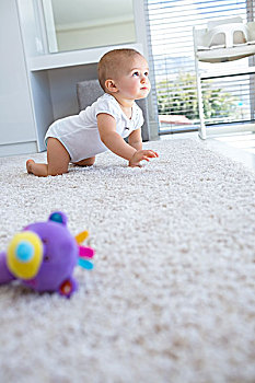 侧面视角,婴儿,爬行,地毯