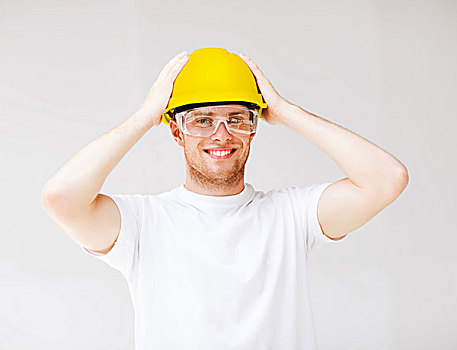 建筑,概念,男性,施工人员,护目镜,黄色,头盔