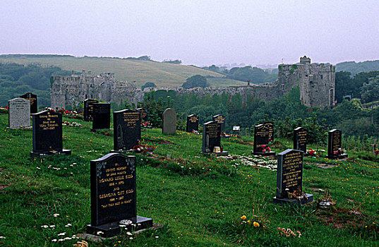 墓地,城堡,背影,威尔士,英国,欧洲
