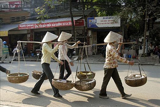 三个,越南,成年,女人,戴着,稻米,帽子,肩部,河内,亚洲