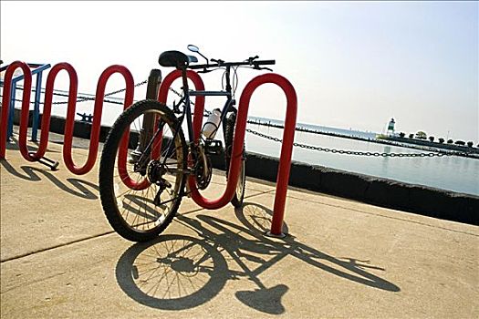 自行车,停放,架子,密歇根湖,芝加哥,伊利诺斯,美国