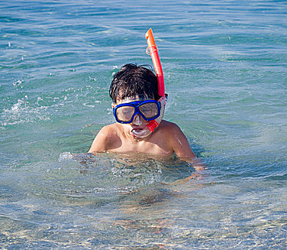 游泳,男孩,通气管,面具,海中