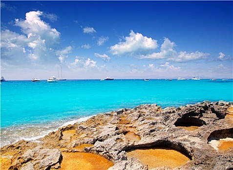 岩石,岸边,福门特拉岛,蓝绿色海水