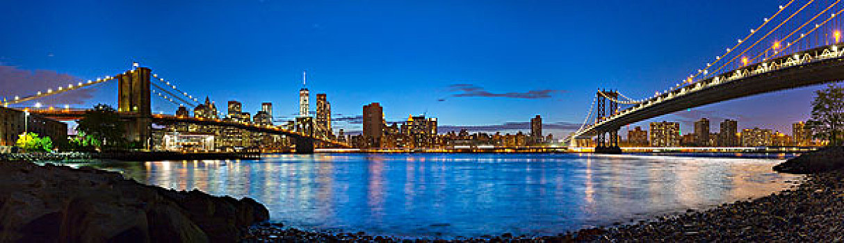 全景,曼哈顿,布鲁克林,桥,夜晚,纽约,美国