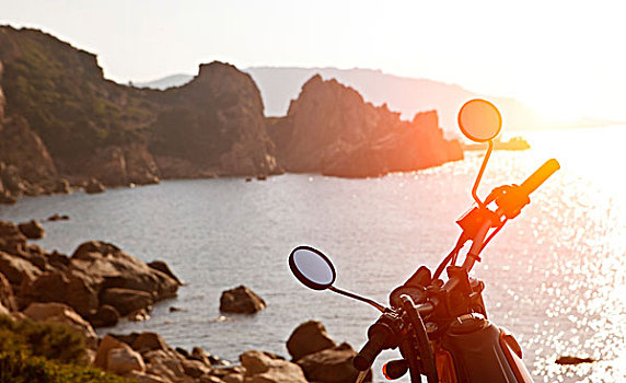 摩托车,海洋,日落,萨丁尼亚,意大利