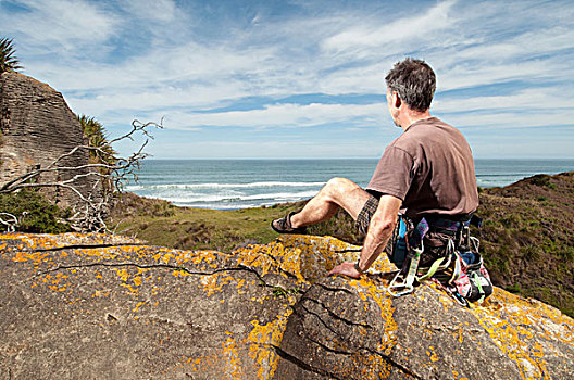 石头,攀登,上面,风景,拉格伦海滩,新西兰