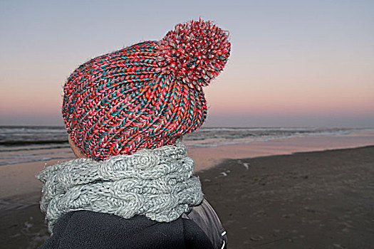 女人,羊毛帽,海滩,北海,岛屿,下萨克森,德国,欧洲