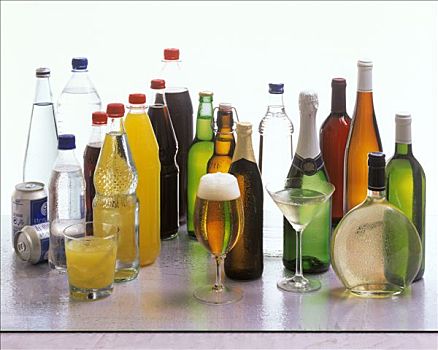 多样,饮料,瓶子,玻璃杯,锡罐